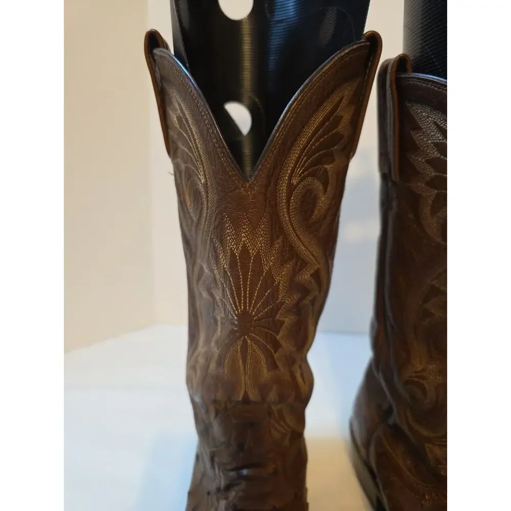 Vtg Dan Post Mens 9.5 Ew Brown Ostrich Leather Cowboy Boots